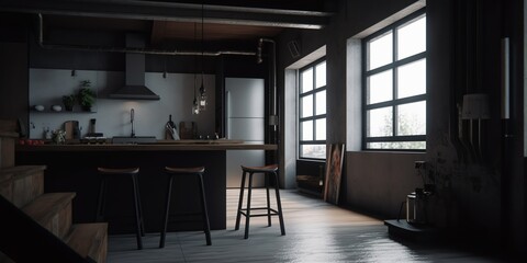 Loft. Studio apartment with an open plan in dark colors. Modern loft apartment with wooden beams, simple modern furniture, brick wall. Loft interior. Generative AI
