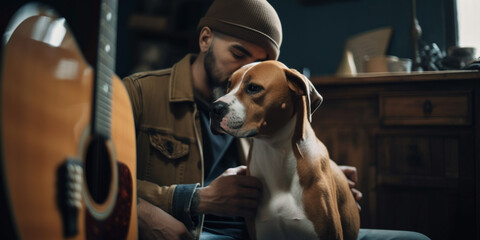 Fototapeta na wymiar Man sitting in armchair and playing guitar for dog Generative AI