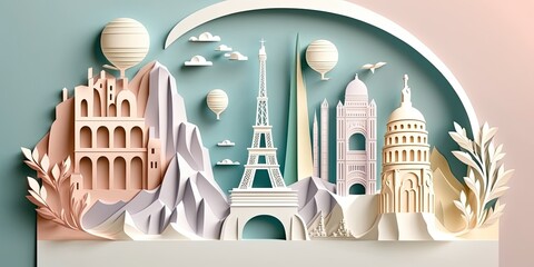 Beauty of France with stunning paper cut of famous landmarks. Travel concept. Generative AI