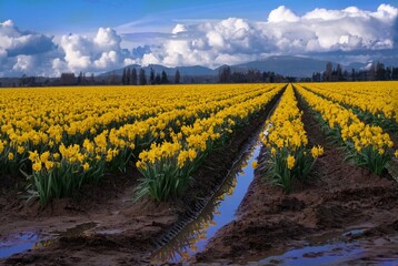 Colorful daffodil field with water in rows and clouds in blue sky. Scagit valley tulip festival. La Conner. Washington. USA
