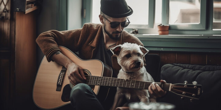 Man sitting in armchair and playing guitar for dog