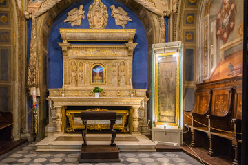 Collegiate Church of Santa Maria Assunta, San Gimignano - interior of the church : Saint Fina altar relics - Tuscany, Italy, Europe - June 2, 2021 - obrazy, fototapety, plakaty