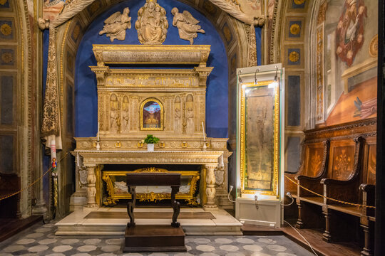 Collegiate Church of Santa Maria Assunta, San Gimignano - interior of the church : Saint Fina altar relics - Tuscany, Italy, Europe - June 2, 2021