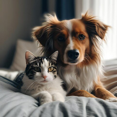 寄り添う猫と犬_Cuddly cat and dog_Generative AI