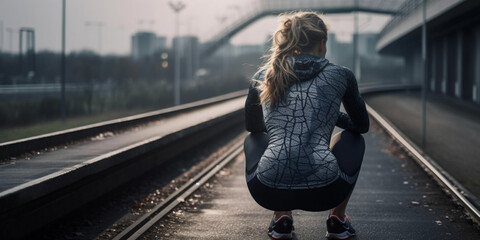 Woman runner stretching before her workout. back view - obrazy, fototapety, plakaty
