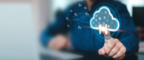 Obraz premium Database storage cloud technology file data transfer sharing, cyber, big data information for financial online marketing, internet banking application or computer download upload backup cloud drive.