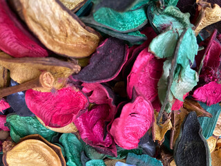 Many colorful dried roses petals background