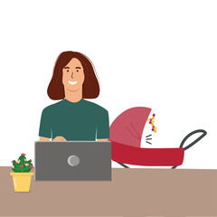 Woman freelancer working from home with child. A child in a stroller. Vector flat illustration.