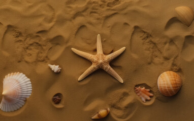 Fototapeta na wymiar Starfish on the sand of the beach. Summer vacation concept. Generative AI
