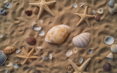 Fototapeta na wymiar Seashells and starfish on the sand. Summer background. Generative AI