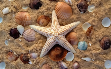 Starfish and seashells on the sand, top view. Generative AI