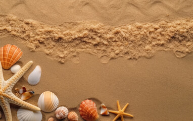 Fototapeta na wymiar Seashells and starfish on the sand border frame. Summer background. Generative AI