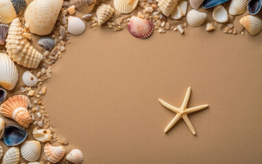 Seashells and starfish on the sand. Summer background. Generative AI