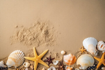Fototapeta na wymiar Summer background with seashells and starfish on sand. Top view. Generative AI