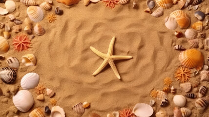 Fototapeta na wymiar Seashells and starfish on sand background with copy space. Generative AI