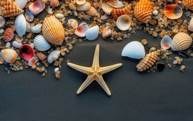 Fototapeta na wymiar Starfish and seashells on the sand. Top view. Generative AI