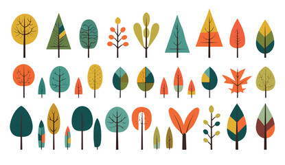 colorful flat abstract trees in the style of animated shapes set of vector with minimalist outlines