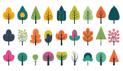 colorful flat abstract trees in the style of animated shapes set of vector with minimalist outlines