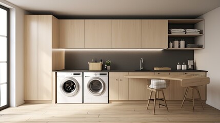 Fototapeta na wymiar Beautiful modern clean laundry room with washing machine and dryer with shelves