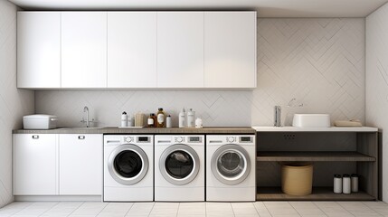 Fototapeta na wymiar Beautiful modern clean laundry room with washing machine and dryer with shelves