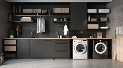 Beautiful modern clean laundry room with washing machine and dryer with shelves - obrazy, fototapety, plakaty