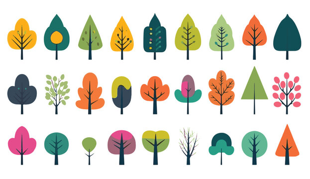 Fototapeta colorful flat abstract trees in the style of animated shapes set of vector with minimalist outlines