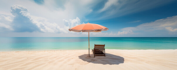 A dreamy beach paradise - beach chairs and an umbrella on a white sand beach with a peaceful blue sky and ocean. Perfect for travel and relaxation concepts. AI Generative.