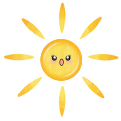 Watercolor sun and emotion face.