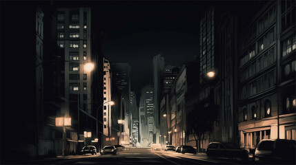 Fototapeta na wymiar Cartoon city at nigh with skyline and nightlights