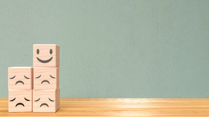 Wood cube emotion on table for abstract concept 3d rendering.