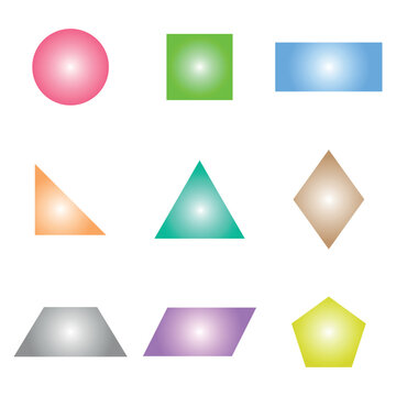 2D basic geometric shapes set. Square, right triangle, parallelogram, circle, rectangle, trapezoid, rhombus and pentagon shapes. Vector illustration isolated on white background.