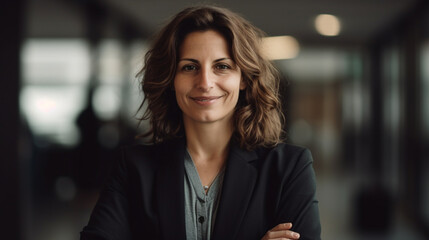 Obraz premium woman standing with arms folded smiling background is an office