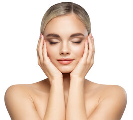 Obraz na płótnie Canvas Woman Face Lifting Treatment. Women Facial and Body Skin Care. Beauty Model holding Head in Hands with Closed Eyes. Beautiful Girl Massage Face over White