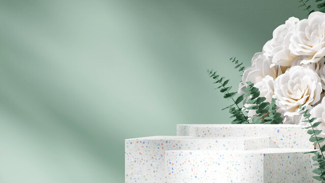 empty space colorful terrazzo podium in landscape white rose and eucalyptus leaf, 3d rendering
