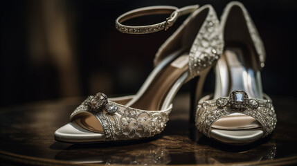 single stone wedding ring among bridal shoes standing side by side - obrazy, fototapety, plakaty