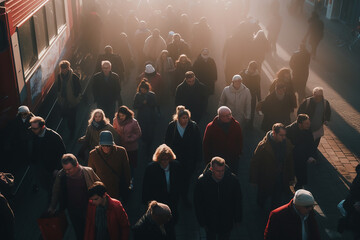 Fototapeta na wymiar large crowd of commuters walking through the streets Generative AI