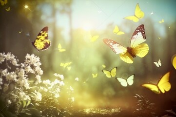 Mariposas volando sobre flores blancas al amanercer - obrazy, fototapety, plakaty