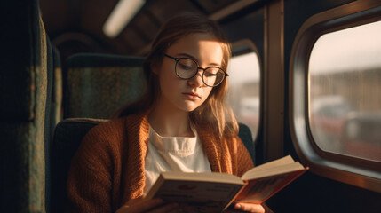 Young woman reading a book on a train journey