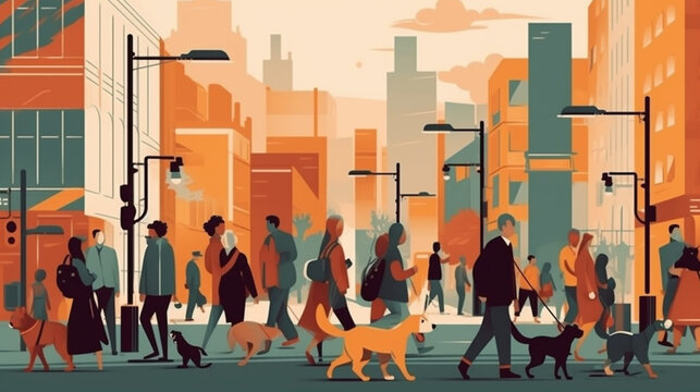 People's walks with their dogs on city streets and other venues . vector art