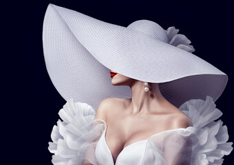 Elegant Lady in White Hat with Red Lips Make up. Fashion Woman in Luxury Evening Dress over Black. Beautiful Model in Big Wide Brimmed Hat and Wedding Gown - 590719492