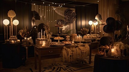 Bring the lavish style of the Great Gatsby to your party with dazzling party decorations that capture the opulence of the era. Generated by AI.