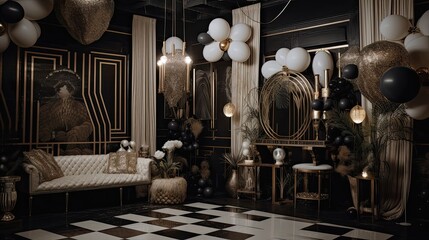 Step back in time to the roaring 20s with Great Gatsby-themed party decorations that will transport you to the glitz and glamour of the era. Generated by AI.