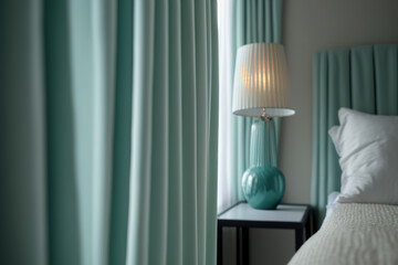 Mint green curtains in minimalistic bedroom.