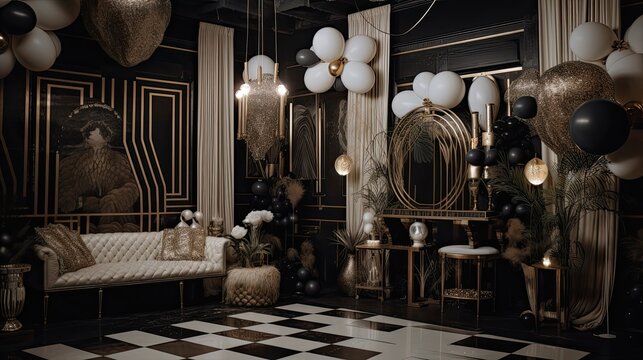 Step back in time to the roaring 20s with Great Gatsby-themed party decorations that will transport you to the glitz and glamour of the era. Generated by AI.