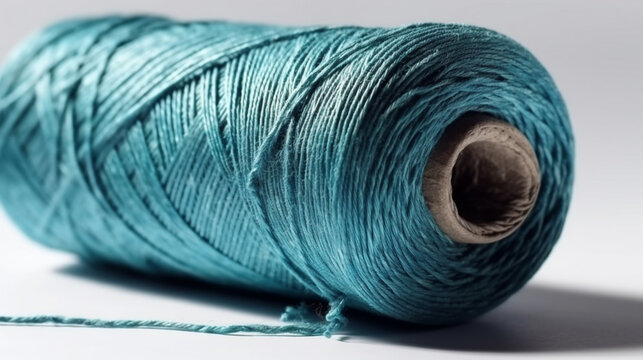 Texture of threads in a spool of blue color on a white background