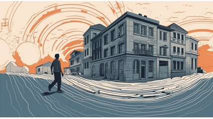 depict in an ultra-realistic style a person walking on the ground and smooth damped spherical seismic waves propagate from his step. Turkey earthquake, destroyed buildings