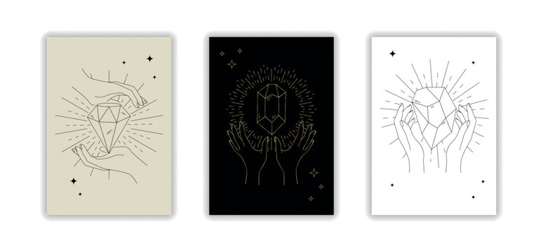 Line hands hold crystals. Engraving logo, gold stone. Spiritual nature, magic intuition tarot icon, spirituality brilliant and gemstone, outline elements, elegant posters. Vector garish sketch