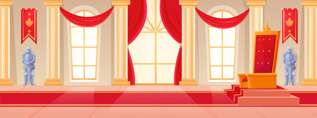 Royal kingdom. Ballroom interior walls. Kings or queen throne. Red carpet and window curtains. Medieval castle. Knights armors. Imperial palace indoor. Vector recent banner background
