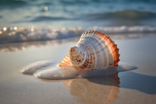 A beautiful seashell on a beach. Generative AI