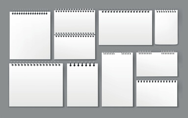 Calendar or notebook. Paper page mockup. Realistic diary or notepad. Notepaper with ring binder. Sketch pad. Organizer empty white sheets set. Vector exact office stationery template